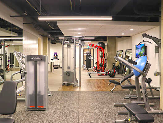 A gym with a variety of equipment including a treadmill, weights, and a bench press. at The Elle on Lockwood Apartments, Webster Groves, MO, 63119