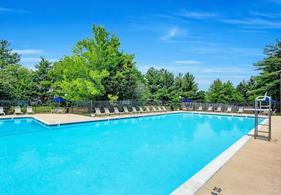 a swimming pool with chairs and trees in the background
