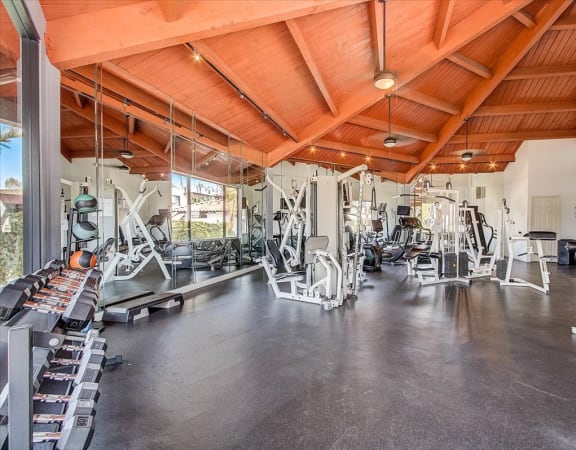 a gym with a wooden ceiling and weights on the floor
