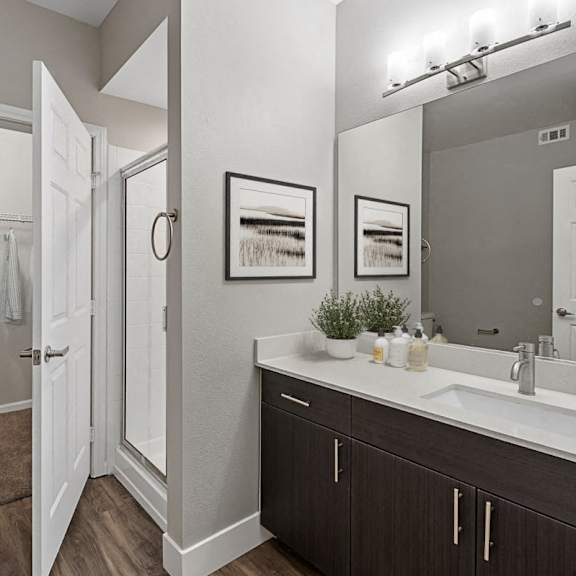 A bathroom with a white sink and a mirror.