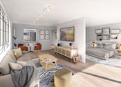 Thumbnail 1 of 8 - A modern living room with a grey sofa, a wooden coffee table, and a large bed with white bedding.