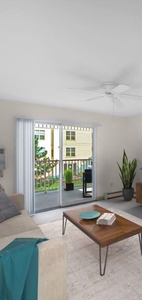 a living room with white walls and a sliding glass door