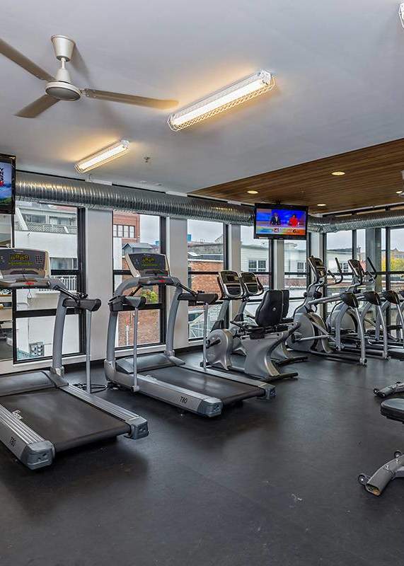the gym has a view of the city