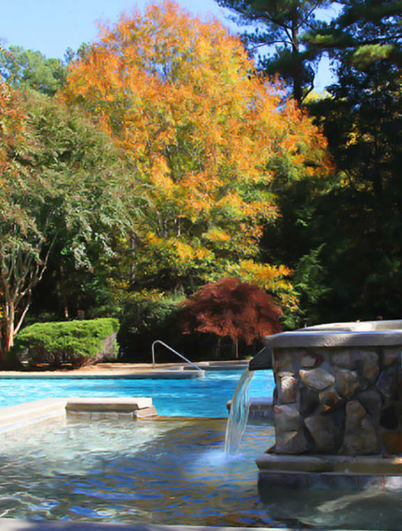 a fountain in front of a pool with trees in the background