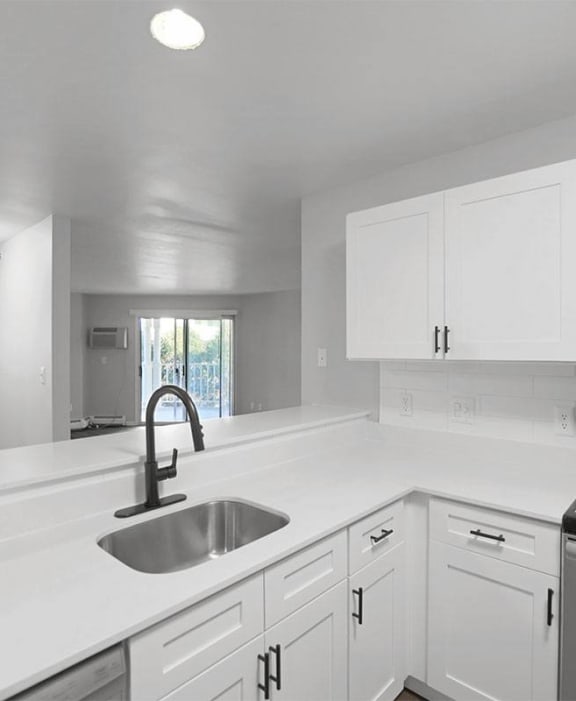 a kitchen with a sink and a stove