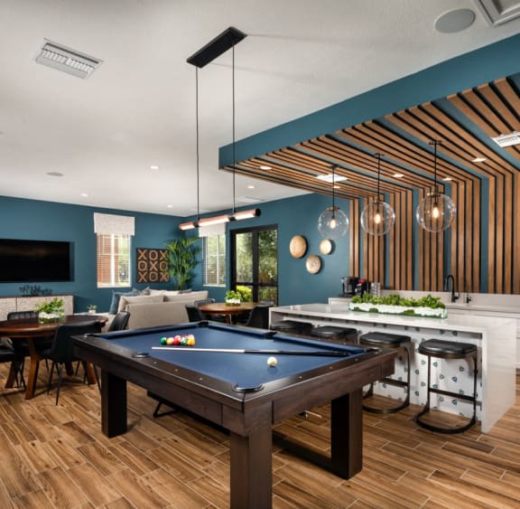 Clubhouse kitchen and pool table at Casoleil, San Diego, CA