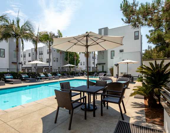 A patio with a table and chairs is surrounded by palm trees.