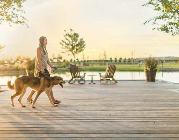 Woman Walking Dog near Water at Discovery at The Realm, Lewisville