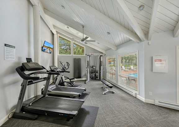 A gym with treadmills, elliptical machines, and a fan.