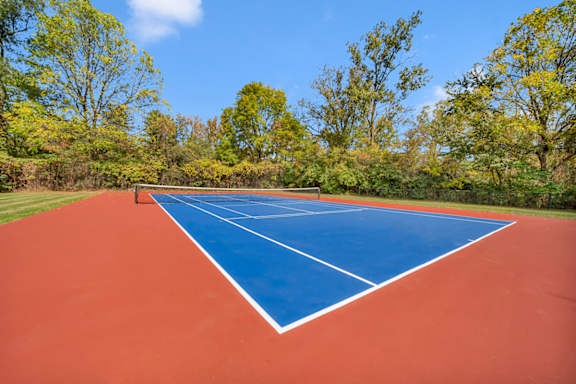 A tennis court with a blue border and red surface surrounded by trees.