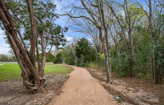 a dirt trail with trees on both sides of it at Radius on Grove, Austin, TX