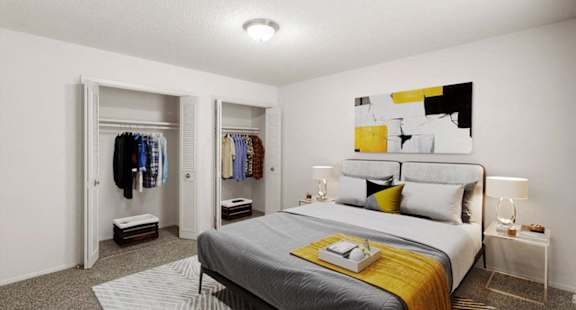 a bedroom with a bed and a closet