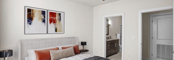 a bedroom with a bed and a ceiling fan at West 39th Street Apartments, Kansas City, 64111