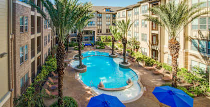 A pool surrounded by palm trees and umbrellas in a residential area.