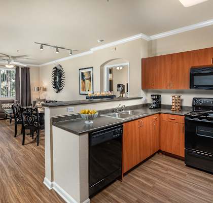 A modern kitchen with wooden floors and black appliances.