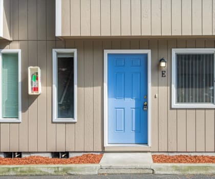 A house with a blue door and a window with a curtain.