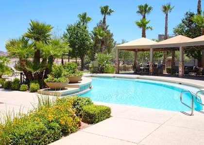 A pool surrounded by palm trees and a patio area.