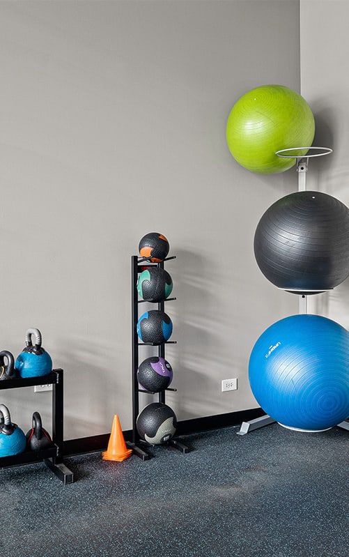 Weights in gym at The Shelby, Chicago, 60616