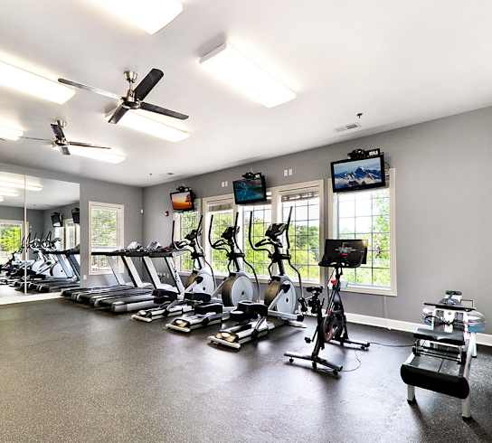 a room filled with lots of cardio equipment and a flat screen tv