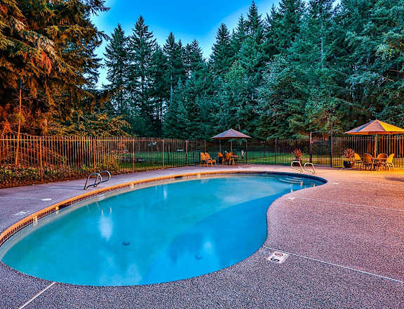 a swimming pool with trees in the background
