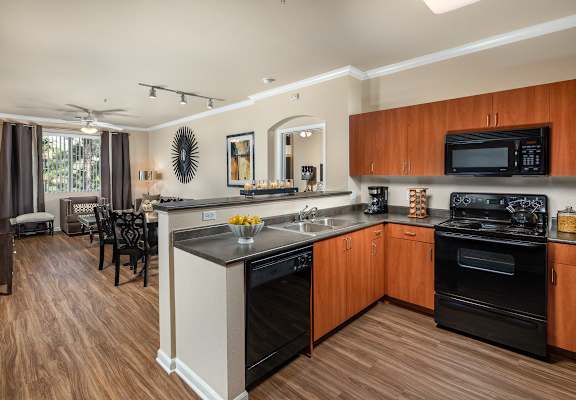 A modern kitchen with wooden floors and black appliances.