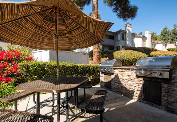 A patio with a table and chairs under a parasol.