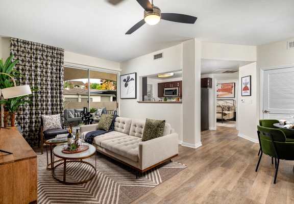 a living room with a couch and a table