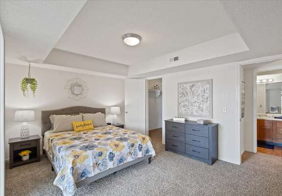 a bedroom with a bed and a dresser