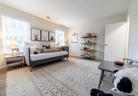 A living room with a grey sofa, a black and white rug, and a panda plush toy.