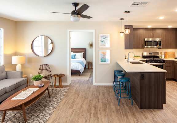 Living and kitchen area with entry to bedroom at Driftwood, San Diego, 92109