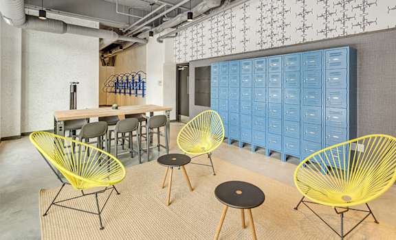 The Asher apartments storage lockers and lounge area