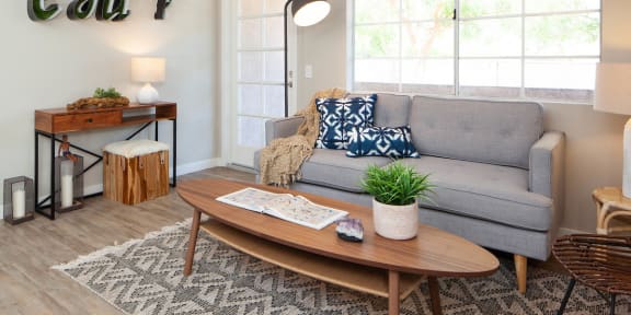 Living area with large windows at Driftwood, California