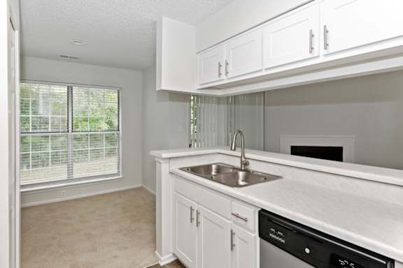 A white kitchen with a black dishwasher.