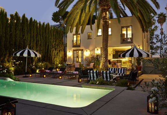 Twilight Pool at Villa Carlotta – Furnished Apartments, Los Angeles, California