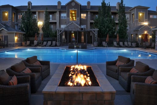 Poolside Seating and Fire Pit at Apartments Near Park Meadows Mall Colorado