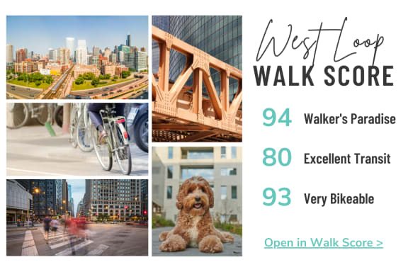 a collage of photos of a bridge and a city with the words west loop walk score