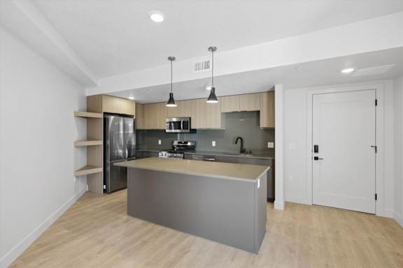 A modern kitchen with a large island and stainless steel appliances at Brickside Heights, Millcreek, UT