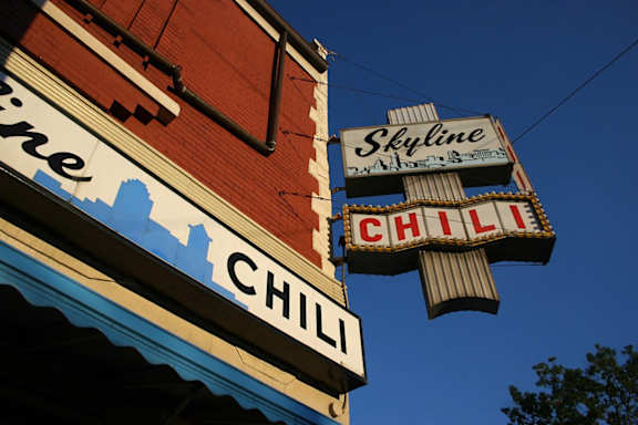 A sign for a chili restaurant called Skyline is shown.