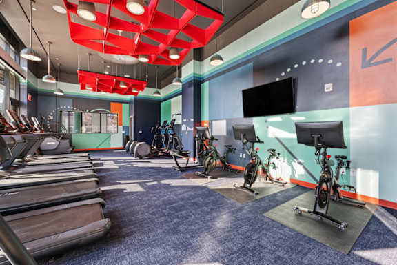 A gym with treadmills, exercise bikes, and a television.