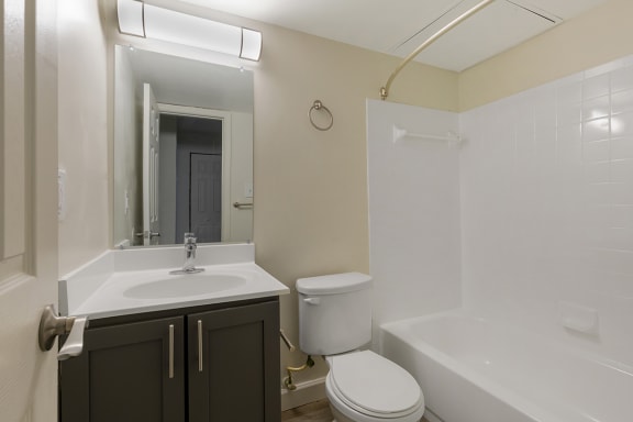 a bathroom with a sink toilet and bathtub at Copper and Quarry Village, Pikesville, 21209