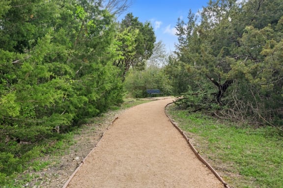 a dirt path with trees on both sides and a bench in the distance at Radius on Grove, Austin, Texas