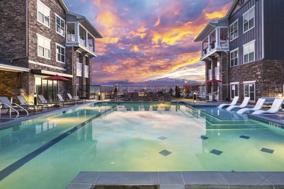 Beautiful Swimming Pool at Sunset at Colorado Springs Apartment Homes for Rent