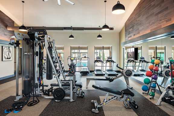 State-of-the-art fitness center featuring strength training equipment, cardio machines, and dedicated workout space.