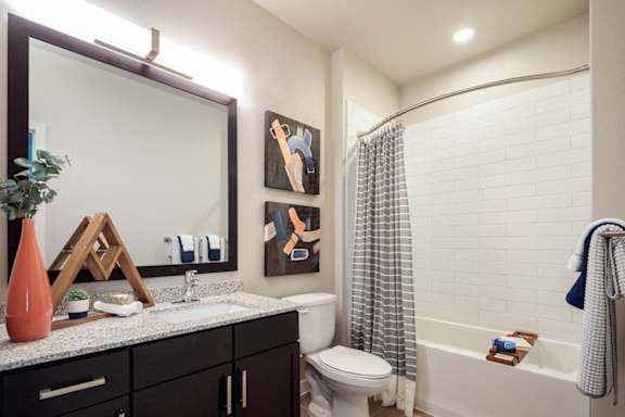 Modern bathroom featuring a spacious vanity, granite-style countertops, and a sleek tub-shower combination.