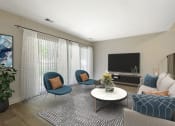 Thumbnail 2 of 13 - a living room with a white couch and two blue chairs at Copper and Quarry Village, Pikesville, MD, 21209