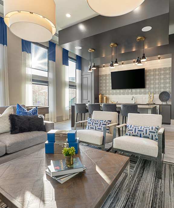 A modern living room with a grey sofa, a coffee table, and a television.