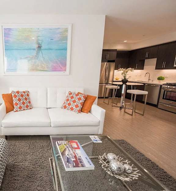 A living room with a white couch and a grey and white patterned couch.