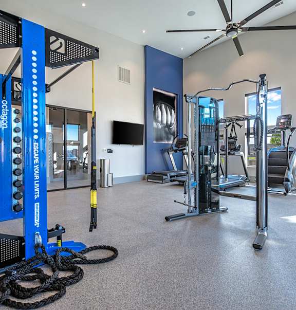 A gym with a variety of equipment including a weight rack, treadmill, and exercise bike.