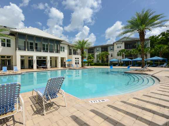 Pavilion with outdoor pool table overlooking the pool at Alaqua Apartments, Florida, 32258