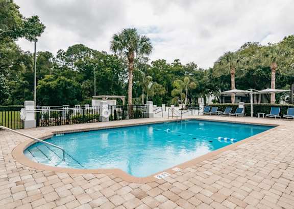 A swimming pool surrounded by trees and a fence.